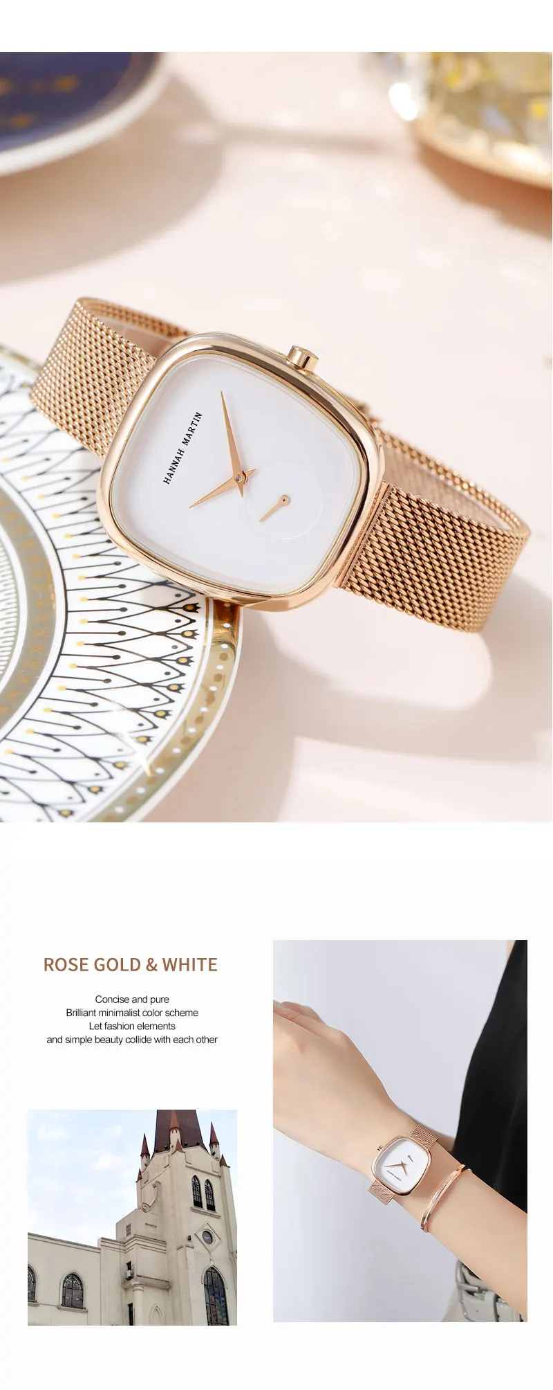 HANNAH MARTIN Hot selling Rose Gold Quartz Watch Women's 34mm Wine Barrel Simple Black Stopwatch Fashionable Minimalist Style Oval Women's Watches Japan Leisure Watches Ladies Clock Local Watch Women Mesh with Quartz Movement Original Ladies Watch