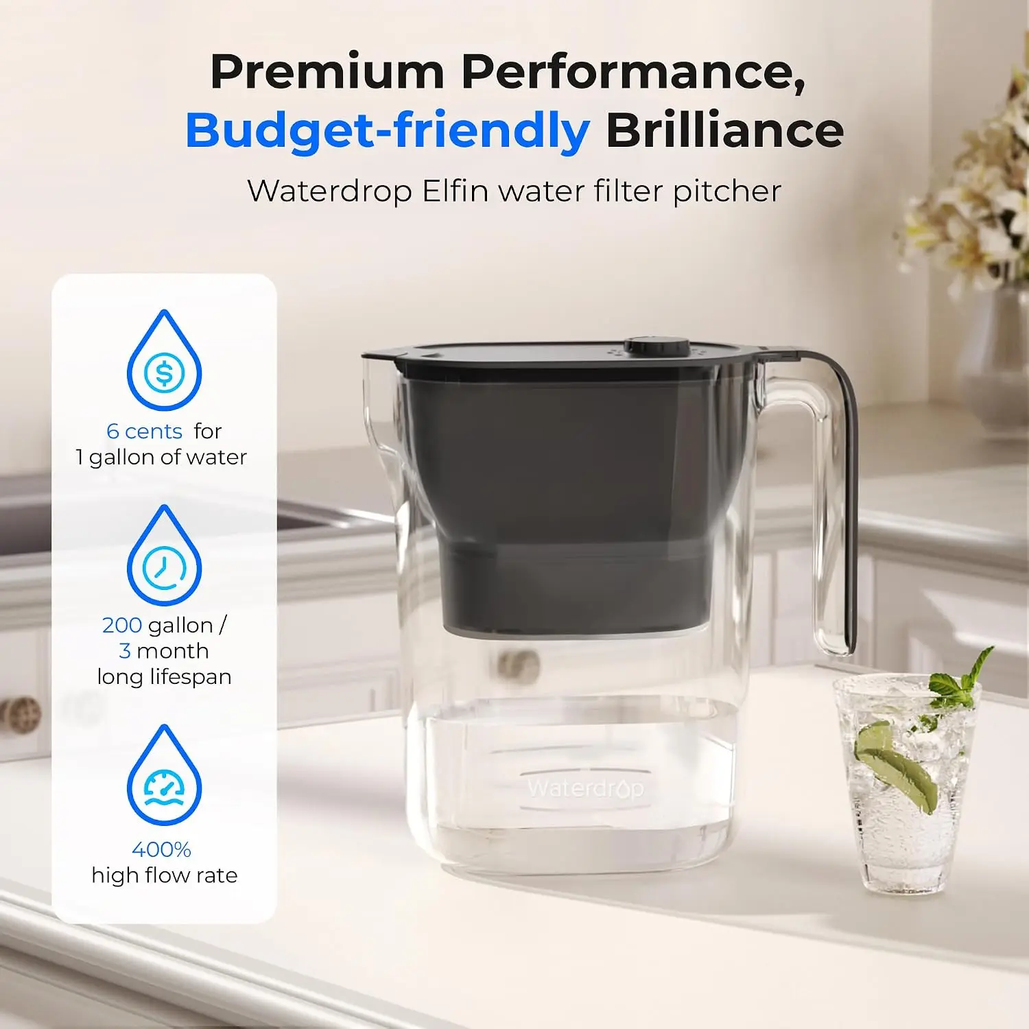 7-Cup Water Filter Pitcher, NSF Certified, 200-Gallon Long-Life, Reduces Chlorine & PFOA/PFOS, Replaces 6,400 Plastic Bottles Yearly, Black