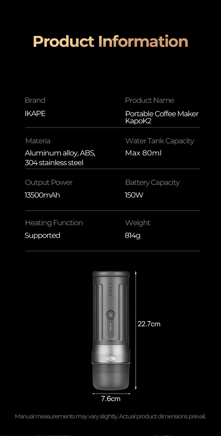 IKAPE Kapo K2 Portable Coffee Machine/Bluetooth Connection/Timer Function,51/58mm Espresso Bottomless Portafilter,Camping/Home