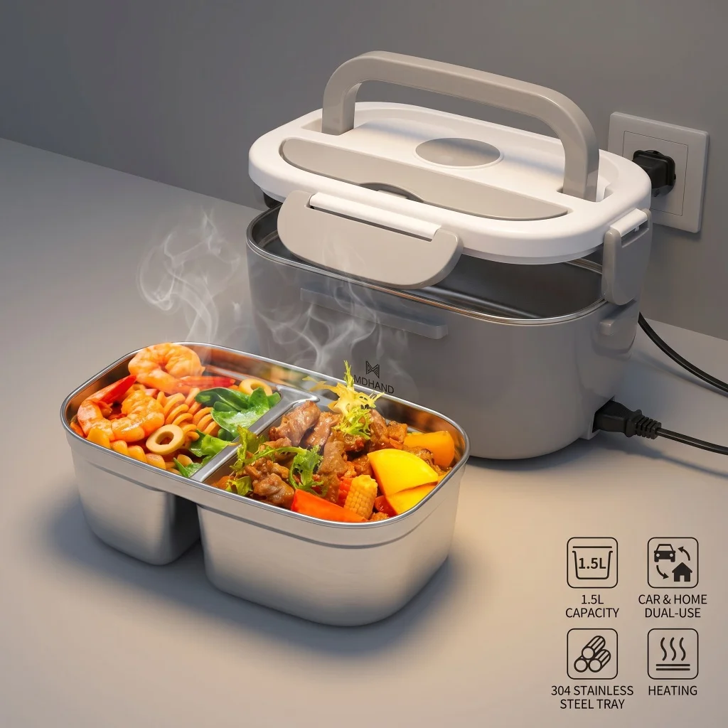 3 in 1 Electric Heating Lunch Box 65W Fast Food Heater 110V Home & 12V Car Dual Use 304 Stainless Steel 2 Compartments Food Warmer Container with Insulated Bag Spoon Fork For Office Travel Truck