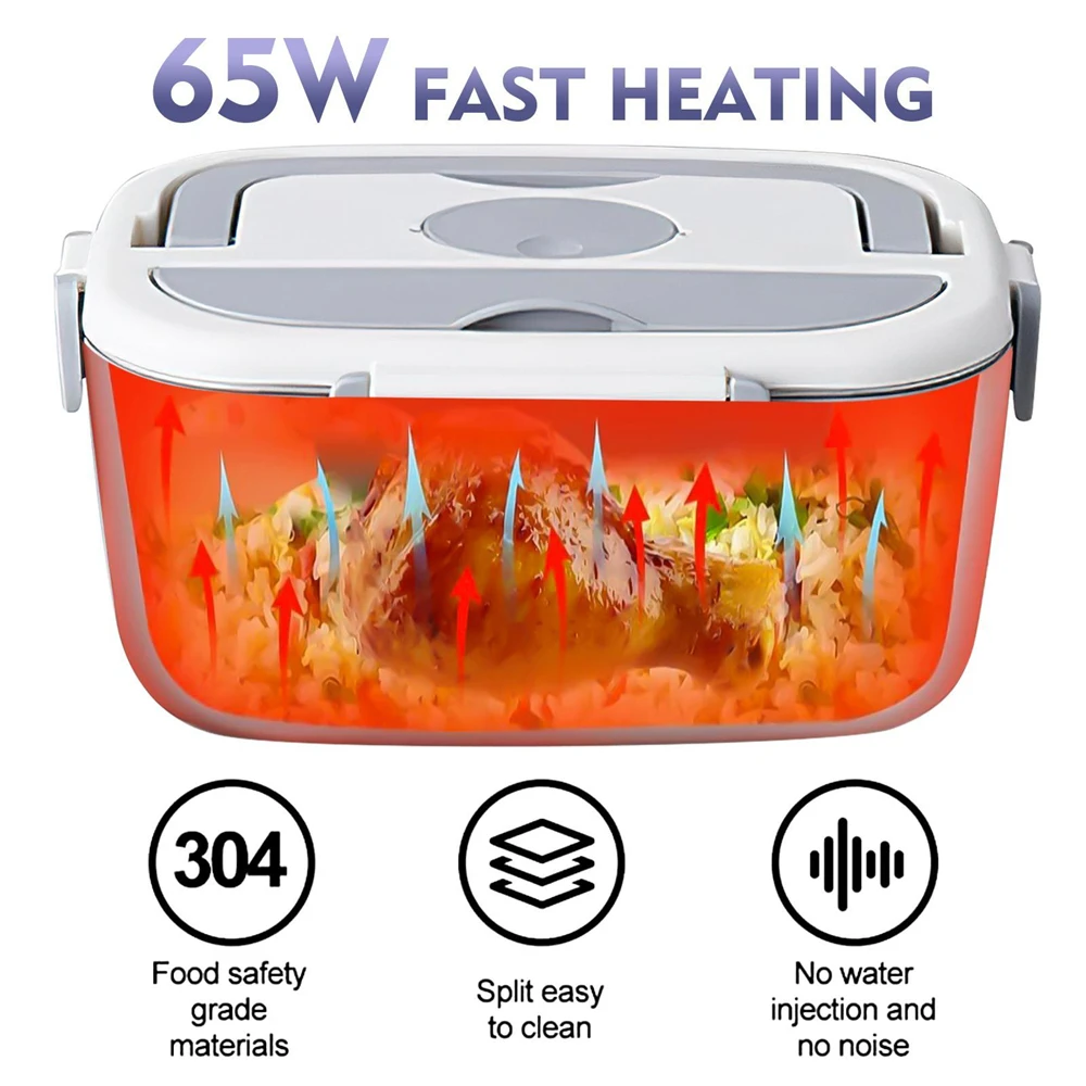 3 in 1 Electric Heating Lunch Box 65W Fast Food Heater 110V Home & 12V Car Dual Use 304 Stainless Steel 2 Compartments Food Warmer Container with Insulated Bag Spoon Fork For Office Travel Truck