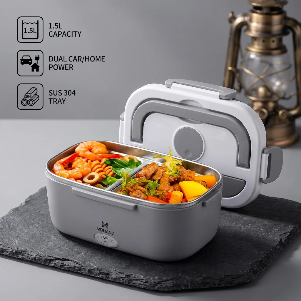 3 in 1 Electric Heating Lunch Box 65W Fast Food Heater 110V Home & 12V Car Dual Use 304 Stainless Steel 2 Compartments Food Warmer Container with Insulated Bag Spoon Fork For Office Travel Truck