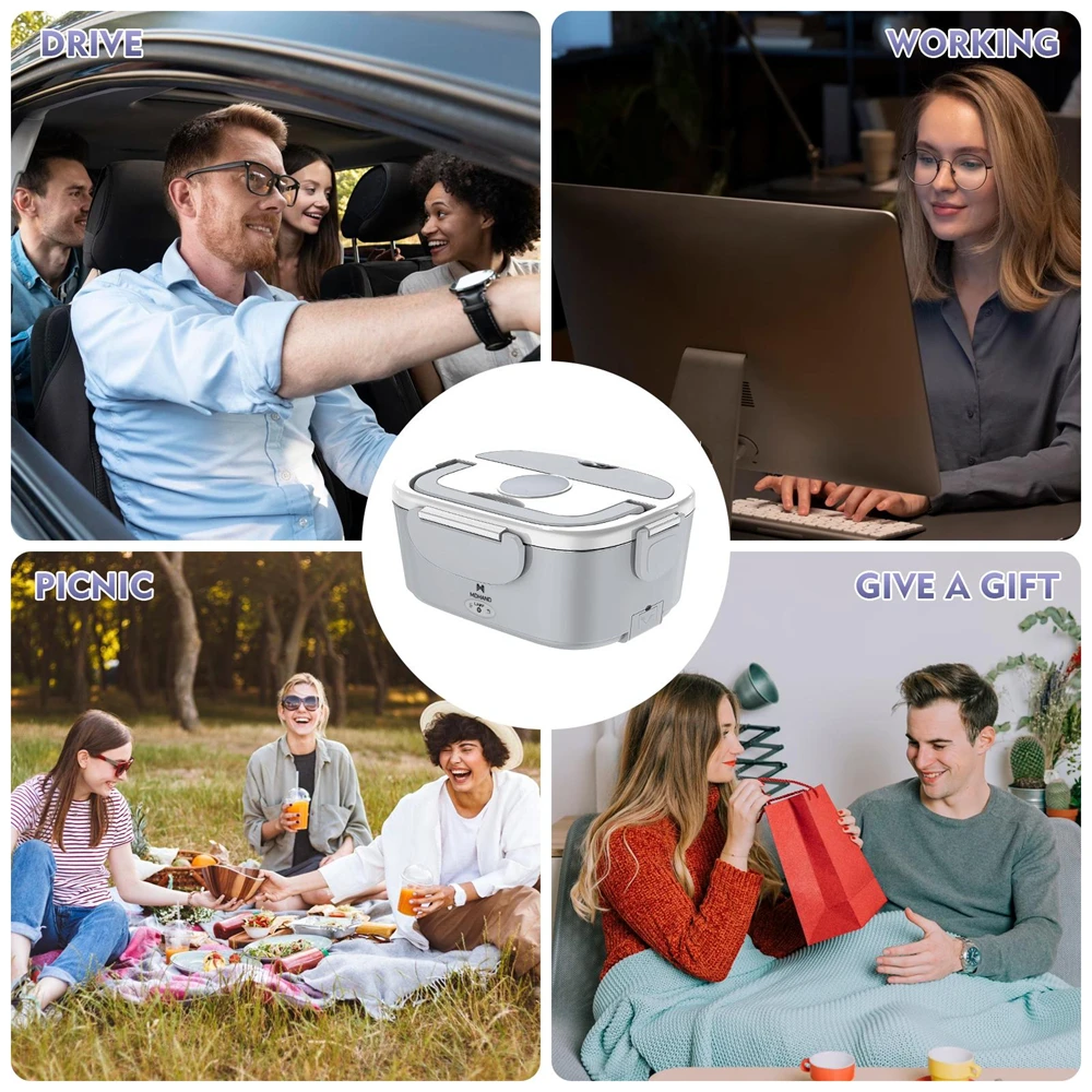 3 in 1 Electric Heating Lunch Box 65W Fast Food Heater 110V Home & 12V Car Dual Use 304 Stainless Steel 2 Compartments Food Warmer Container with Insulated Bag Spoon Fork For Office Travel Truck