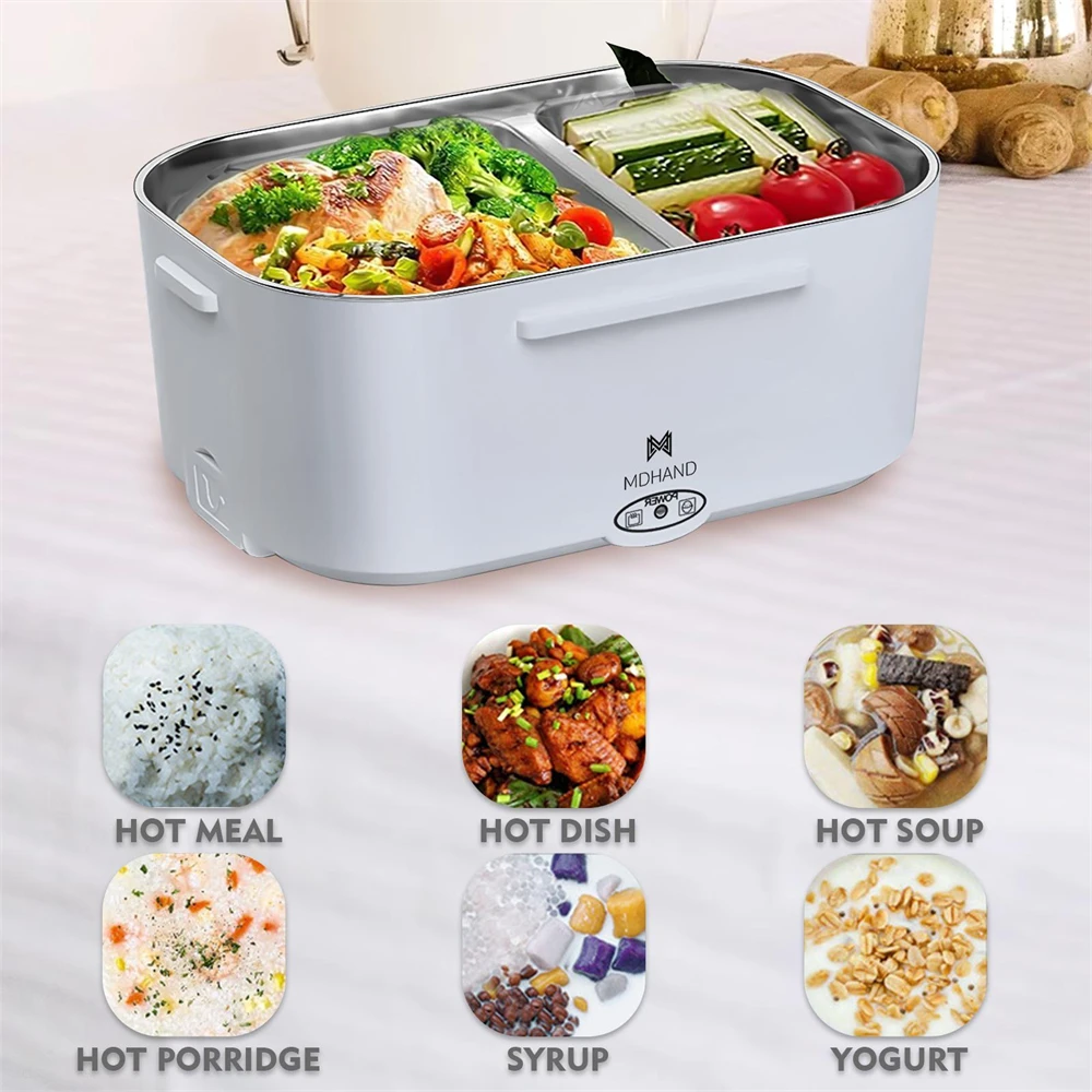 3 in 1 Electric Heating Lunch Box 65W Fast Food Heater 110V Home & 12V Car Dual Use 304 Stainless Steel 2 Compartments Food Warmer Container with Insulated Bag Spoon Fork For Office Travel Truck