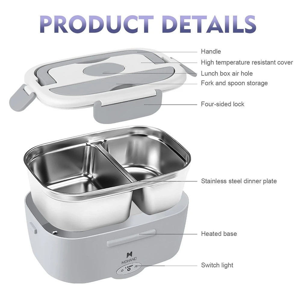 3 in 1 Electric Heating Lunch Box 65W Fast Food Heater 110V Home & 12V Car Dual Use 304 Stainless Steel 2 Compartments Food Warmer Container with Insulated Bag Spoon Fork For Office Travel Truck