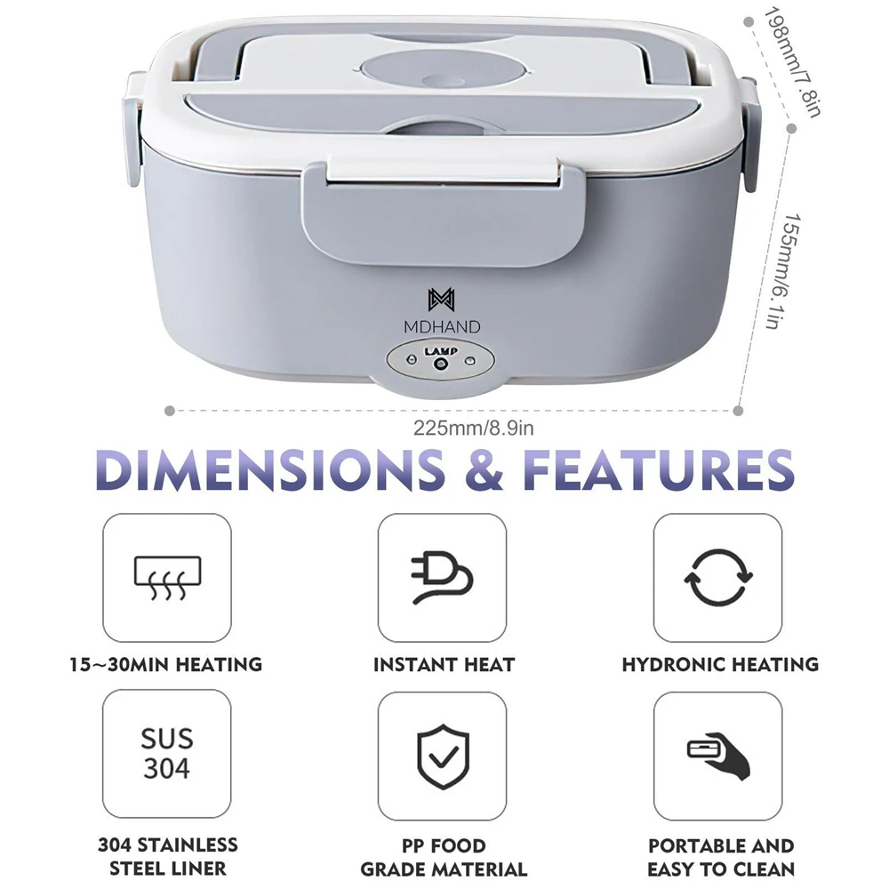 3 in 1 Electric Heating Lunch Box 65W Fast Food Heater 110V Home & 12V Car Dual Use 304 Stainless Steel 2 Compartments Food Warmer Container with Insulated Bag Spoon Fork For Office Travel Truck