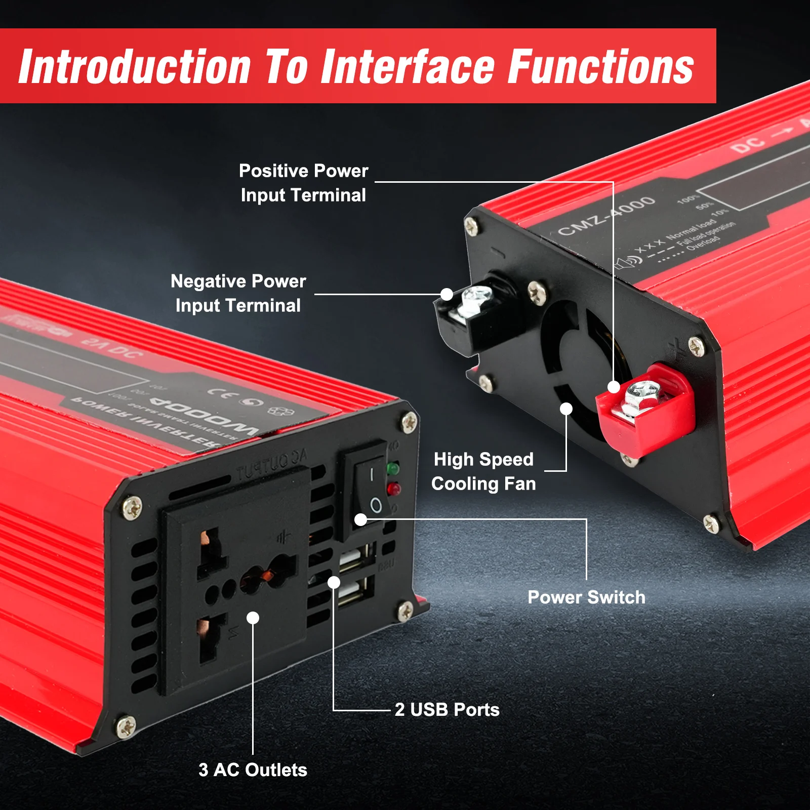 4000W Car Power Inverter Converter DC 12V to AC 110V 60Hz Display Dual 4.2A USB Fast Charging for Car