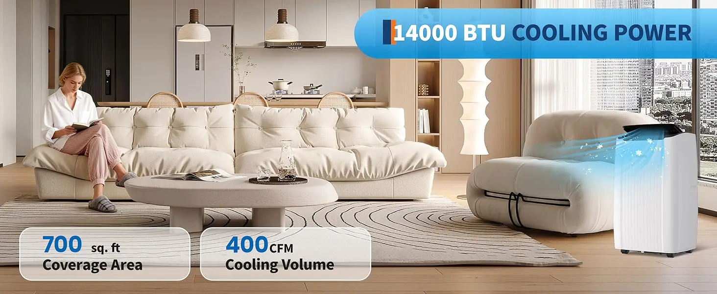 14000 BTU Portable Air Conditioner, 3 In 1 AC Unit with Fan, Dehumidifier & 48dB Quiet,Remote Control, Cools up to 750 Sq.Ft,24H Timer,Window Kits Included for Room Indoor Office & Dorms