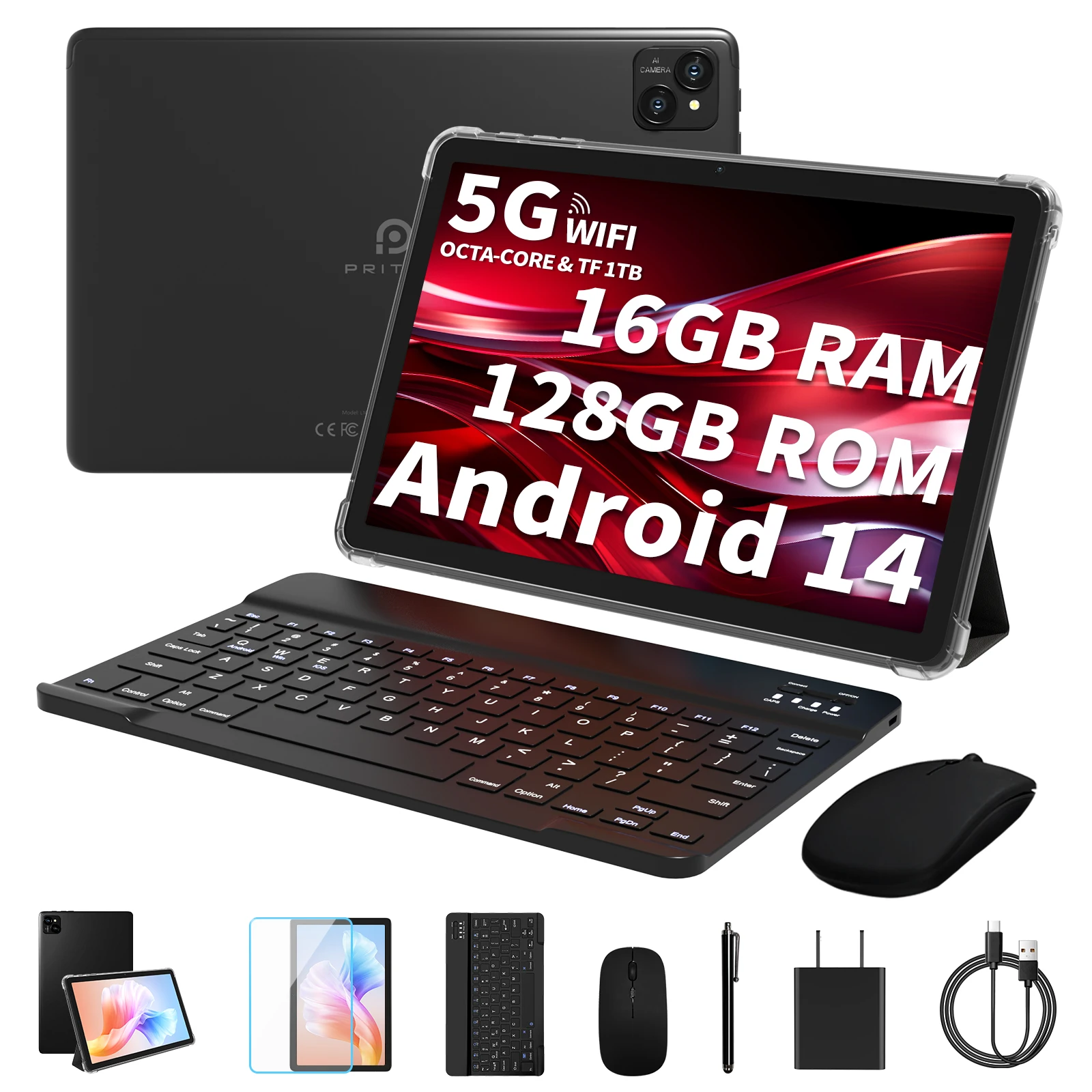 PRITOM Android Tablet with Keyboard, Android 15 Tablet with 16GB(4GB Physical + 12GB Virtual)+128GB+1TB Expand, 10 Inch Tablet PC with 8-Core, 5G WiFi, 8000mAh, 2-in-1 Tablet with Case, Mouse, Stylus(Black)