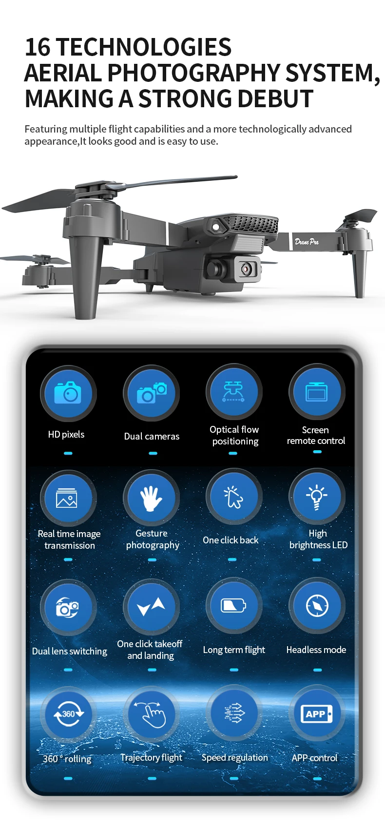 E88 Pro Foldable Drone Dual HD Camera Optical Flow Positioning 2.4G Signal 100M Remote Range One Key Takeoff Landing Return Outdoor Aerial Drone
