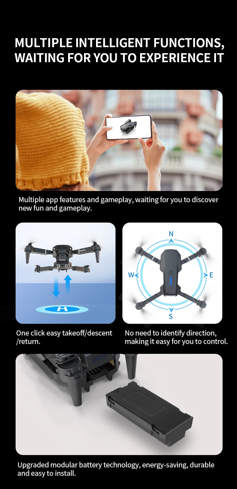 E88 Pro Foldable Drone Dual HD Camera Optical Flow Positioning 2.4G Signal 100M Remote Range One Key Takeoff Landing Return Outdoor Aerial Drone