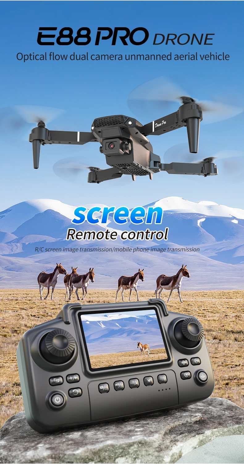 E88 Pro Foldable Drone Dual HD Camera Optical Flow Positioning 2.4G Signal 100M Remote Range One Key Takeoff Landing Return Outdoor Aerial Drone