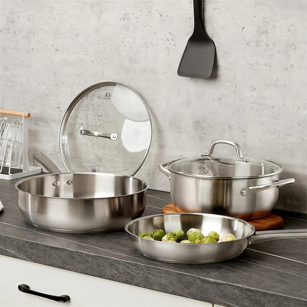 KOCH SYSTEME CS 10 Piece Pots and Pan Set Stainless Steel Kitchen Cookware Set Sauce pan Frying pan Stewpan Breakfast Steak frying pan Family Cooking Pots Induction Compatible