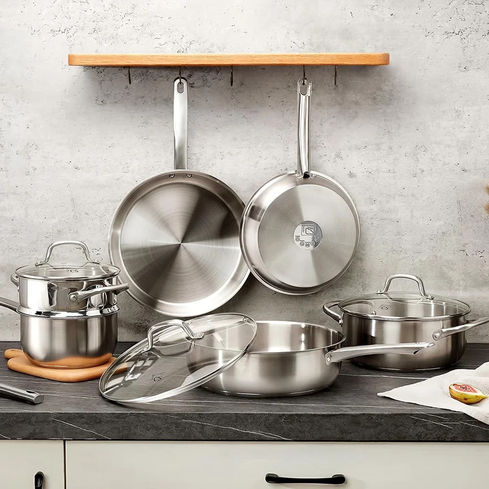 KOCH SYSTEME CS 10 Piece Pots and Pan Set Stainless Steel Kitchen Cookware Set Sauce pan Frying pan Stewpan Breakfast Steak frying pan Family Cooking Pots Induction Compatible
