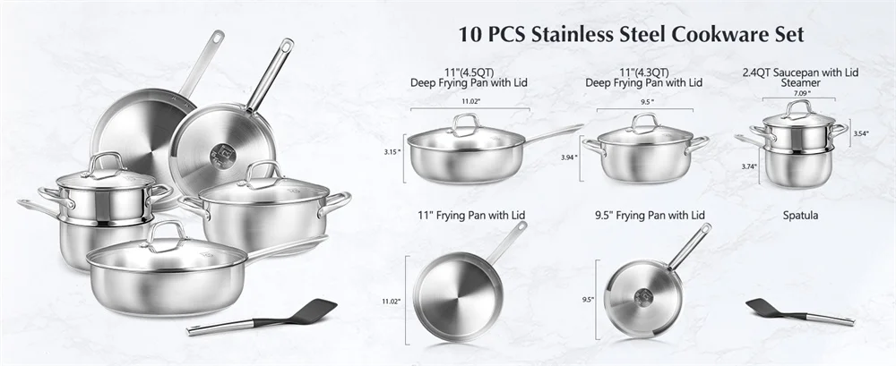 KOCH SYSTEME CS 10 Piece Pots and Pan Set Stainless Steel Kitchen Cookware Set Sauce pan Frying pan Stewpan Breakfast Steak frying pan Family Cooking Pots Induction Compatible