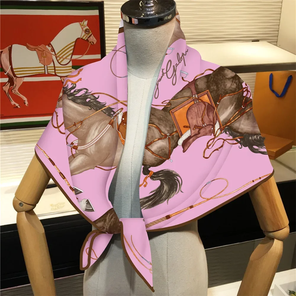 90CM Twill Silk Scarf Luxury Branded Horse Printed Square Scarves Women Hijabs Bandana Foulard Neckerchief Head Scarves