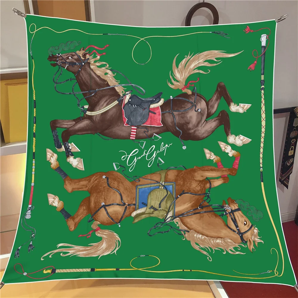 90CM Twill Silk Scarf Luxury Branded Horse Printed Square Scarves Women Hijabs Bandana Foulard Neckerchief Head Scarves