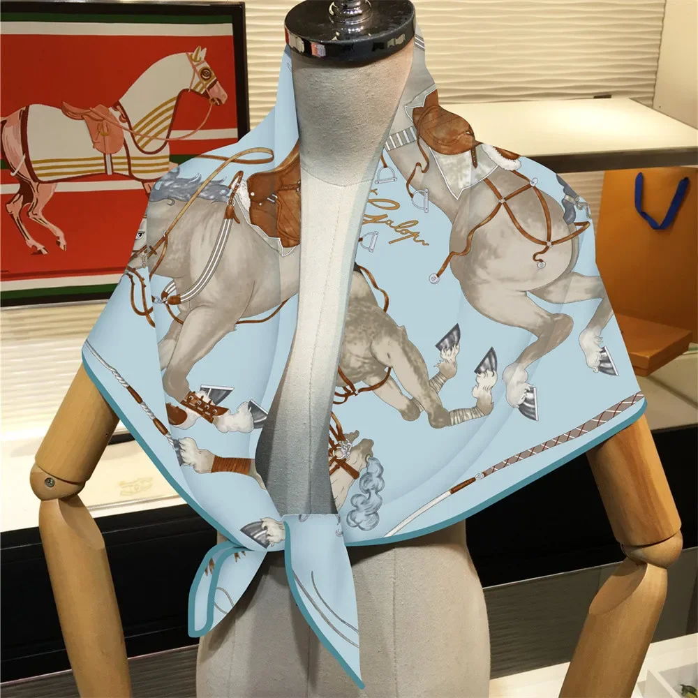 90CM Twill Silk Scarf Luxury Branded Horse Printed Square Scarves Women Hijabs Bandana Foulard Neckerchief Head Scarves