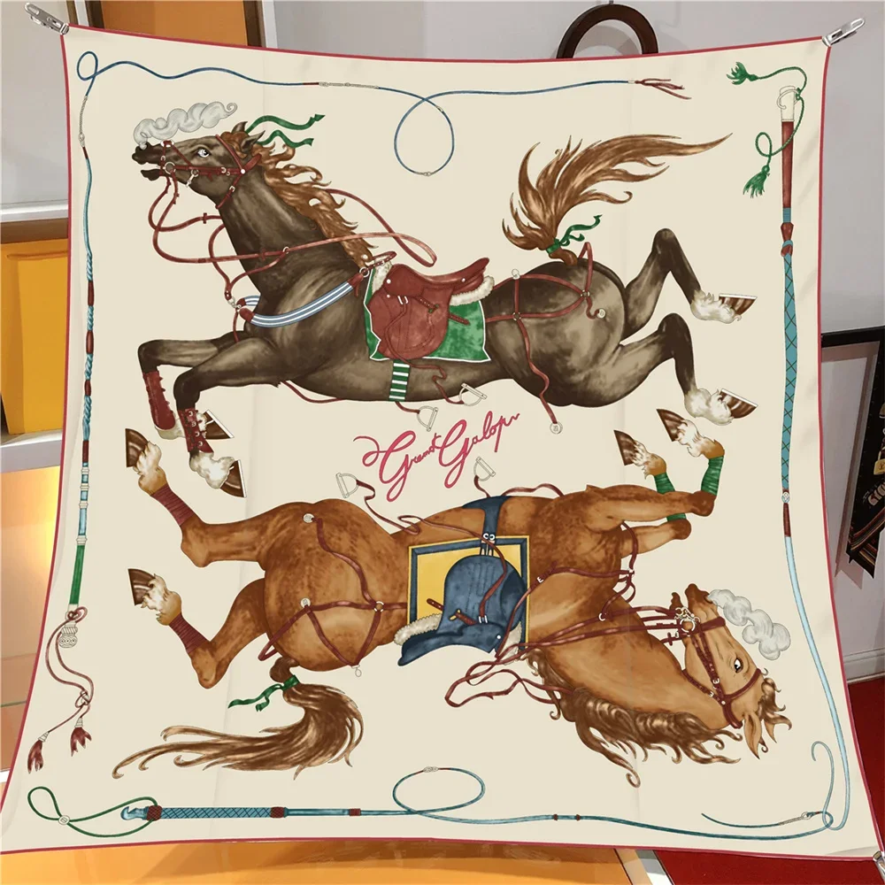 90CM Twill Silk Scarf Luxury Branded Horse Printed Square Scarves Women Hijabs Bandana Foulard Neckerchief Head Scarves