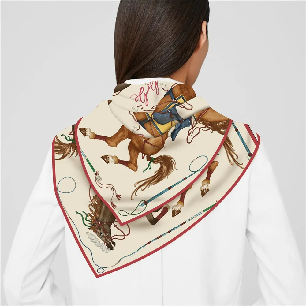 90CM Twill Silk Scarf Luxury Branded Horse Printed Square Scarves Women Hijabs Bandana Foulard Neckerchief Head Scarves