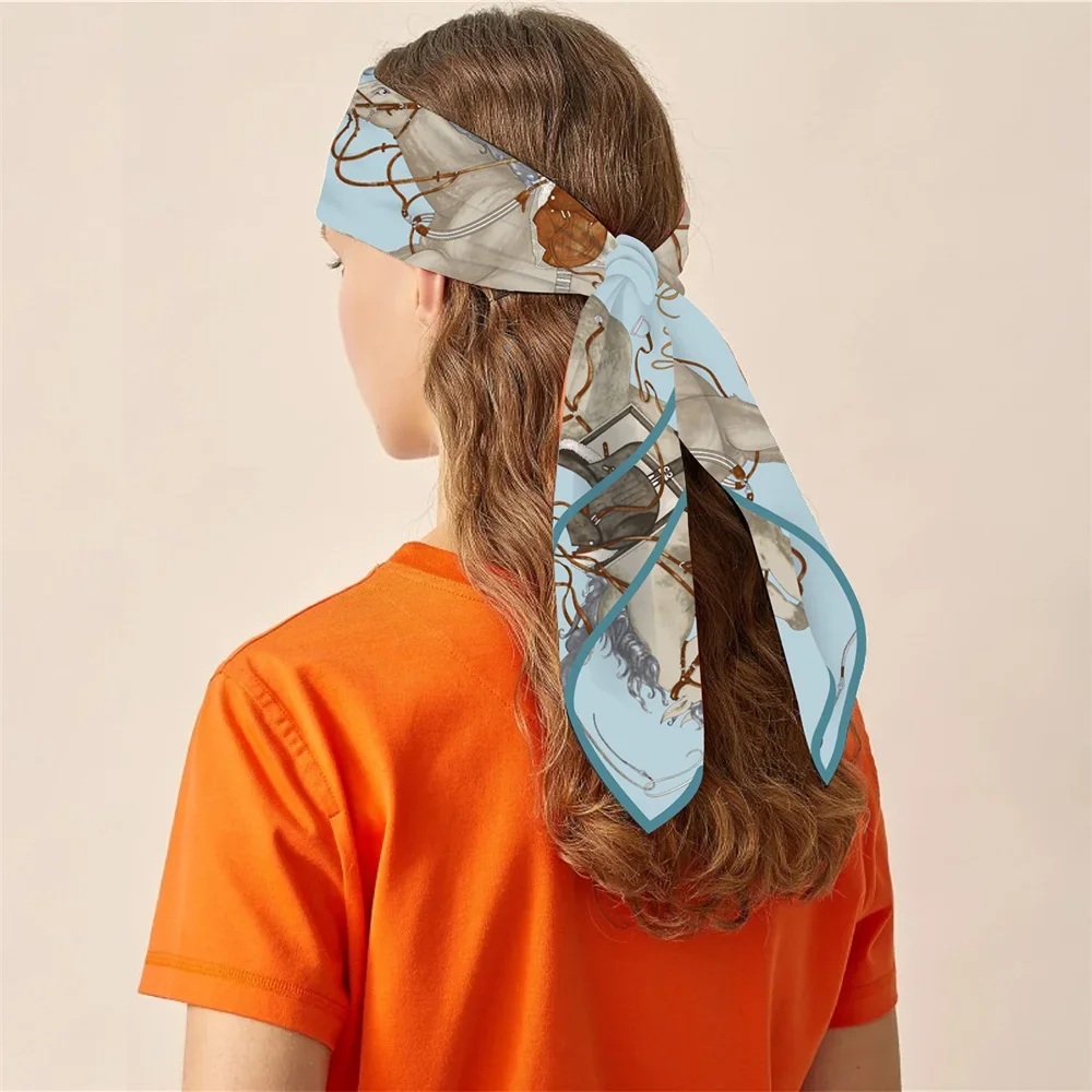 90CM Twill Silk Scarf Luxury Branded Horse Printed Square Scarves Women Hijabs Bandana Foulard Neckerchief Head Scarves