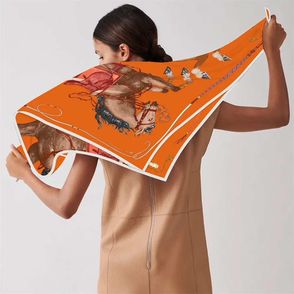 90CM Twill Silk Scarf Luxury Branded Horse Printed Square Scarves Women Hijabs Bandana Foulard Neckerchief Head Scarves