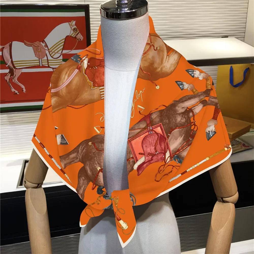 90CM Twill Silk Scarf Luxury Branded Horse Printed Square Scarves Women Hijabs Bandana Foulard Neckerchief Head Scarves
