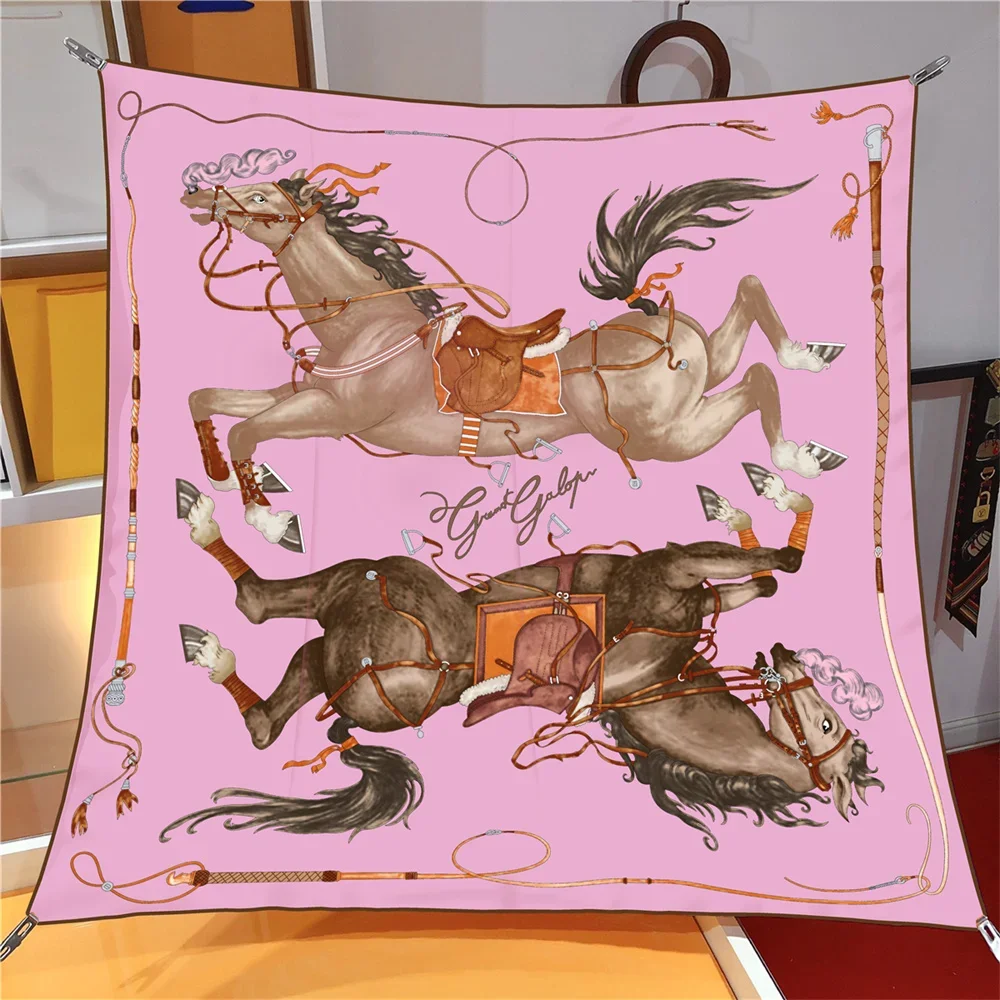 90CM Twill Silk Scarf Luxury Branded Horse Printed Square Scarves Women Hijabs Bandana Foulard Neckerchief Head Scarves