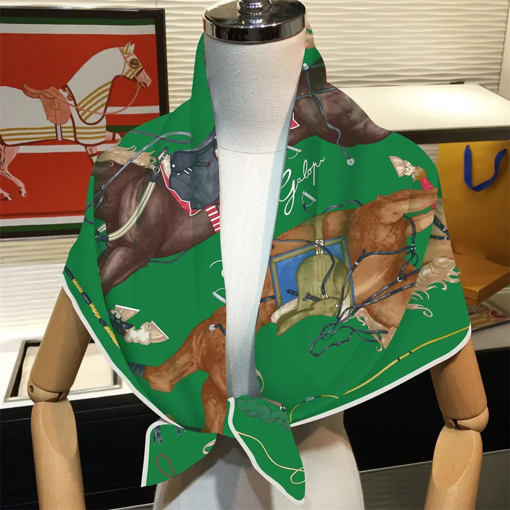 90CM Twill Silk Scarf Luxury Branded Horse Printed Square Scarves Women Hijabs Bandana Foulard Neckerchief Head Scarves