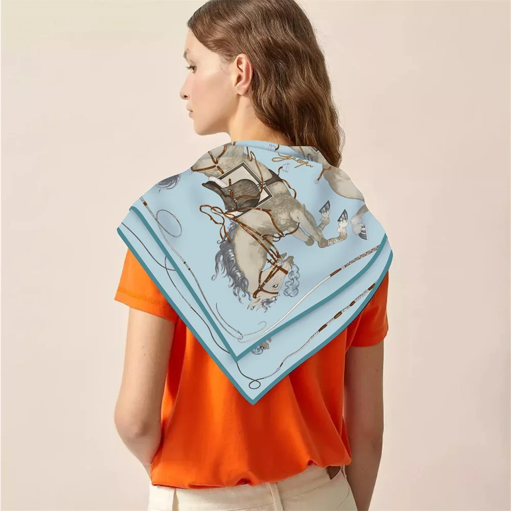 90CM Twill Silk Scarf Luxury Branded Horse Printed Square Scarves Women Hijabs Bandana Foulard Neckerchief Head Scarves