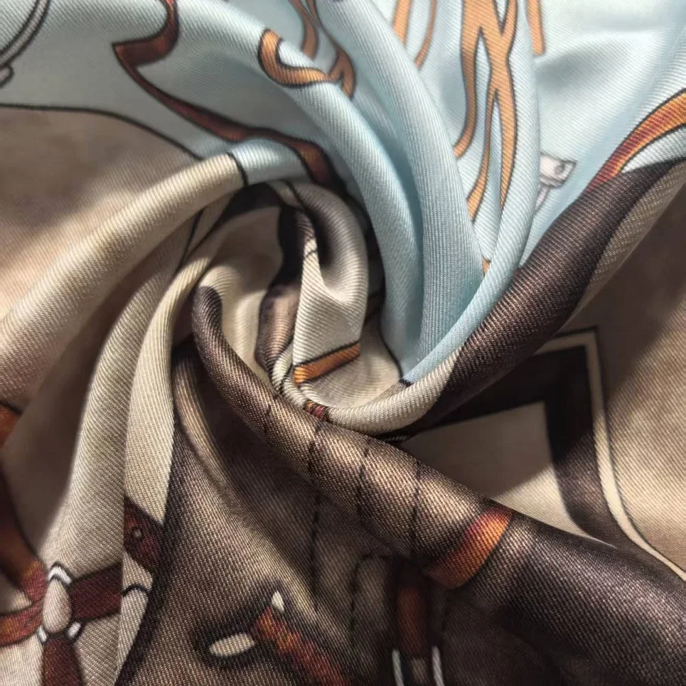 90CM Twill Silk Scarf Luxury Branded Horse Printed Square Scarves Women Hijabs Bandana Foulard Neckerchief Head Scarves