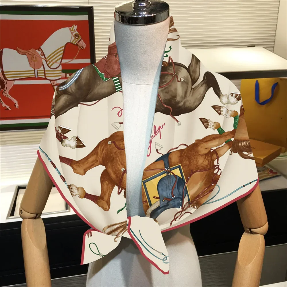 90CM Twill Silk Scarf Luxury Branded Horse Printed Square Scarves Women Hijabs Bandana Foulard Neckerchief Head Scarves