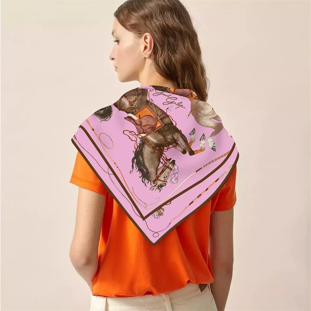 90CM Twill Silk Scarf Luxury Branded Horse Printed Square Scarves Women Hijabs Bandana Foulard Neckerchief Head Scarves