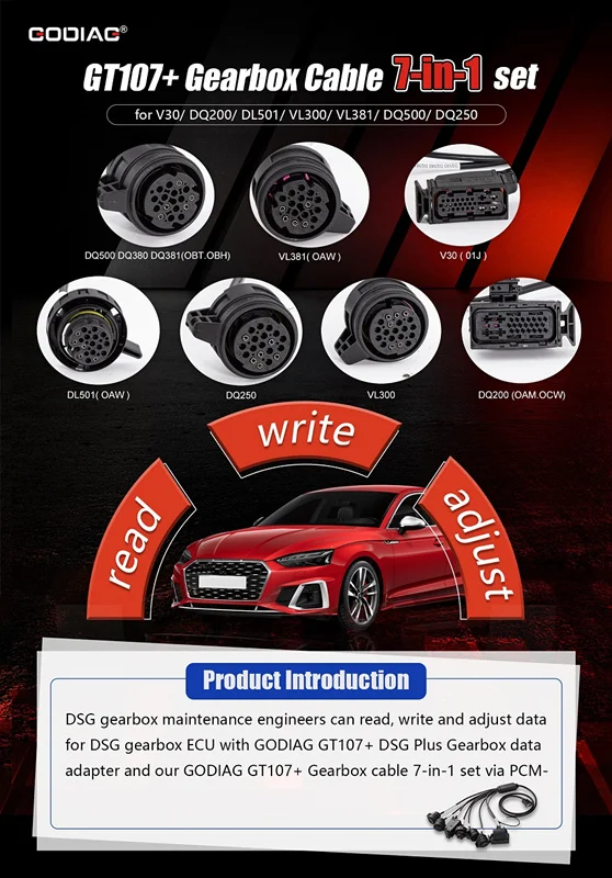 GODIAG GT107+ Gearbox Cables 7-in-1 Set for V30/ DQ200/ DL501/ VL300/ VL381/ DQ500/ DQ250
