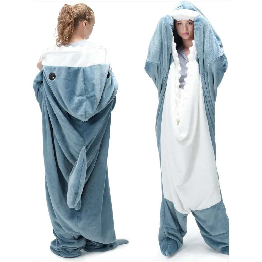 Adult Wearable Shark Blanket Sleeping Bag Soft Flannel Cartoon Animal Onesie Pajamas Warm Hooded Shark Sleep Sack Homewear Cosplay Costume Gift