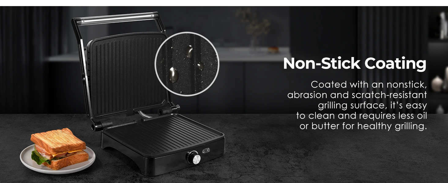 1200W Panini Press Grill with Adjustable Temperature, 4-Slice Indoor Grill, 180° Open Sandwich Maker with Drip Tray