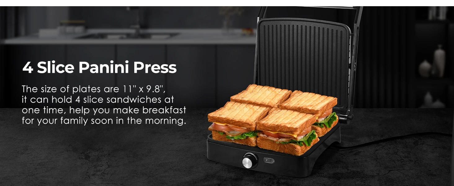 1200W Panini Press Grill with Adjustable Temperature, 4-Slice Indoor Grill, 180° Open Sandwich Maker with Drip Tray