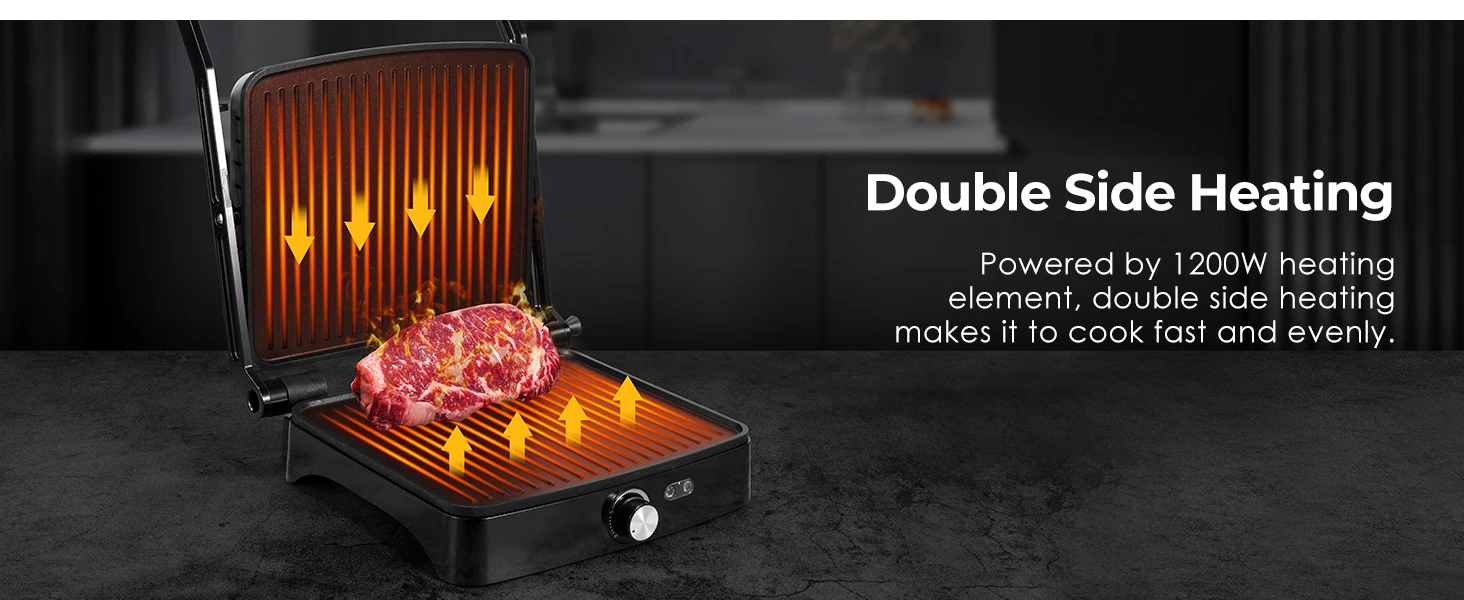1200W Panini Press Grill with Adjustable Temperature, 4-Slice Indoor Grill, 180° Open Sandwich Maker with Drip Tray