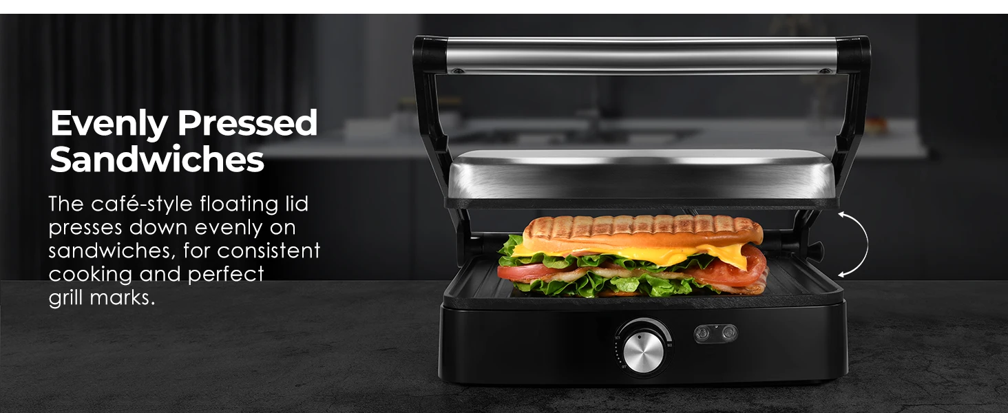 1200W Panini Press Grill with Adjustable Temperature, 4-Slice Indoor Grill, 180° Open Sandwich Maker with Drip Tray
