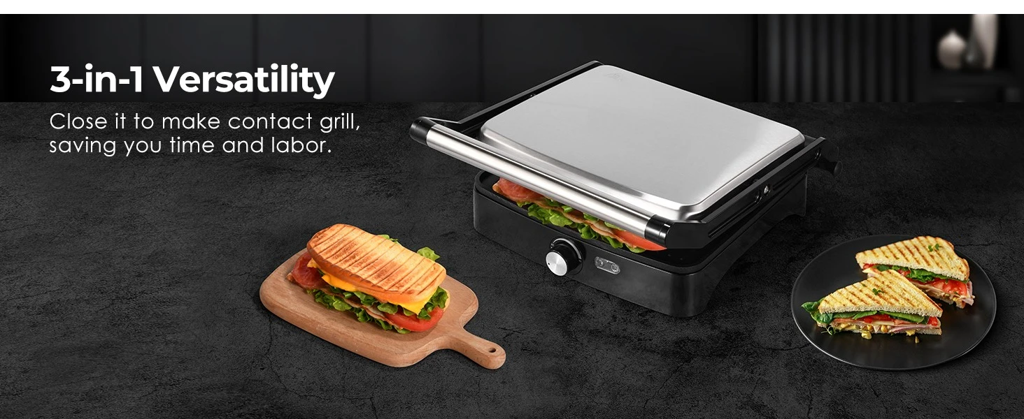 1200W Panini Press Grill with Adjustable Temperature, 4-Slice Indoor Grill, 180° Open Sandwich Maker with Drip Tray