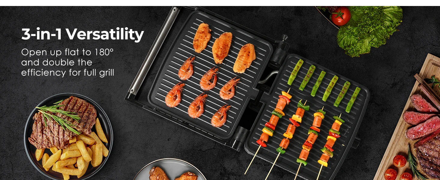 1200W Panini Press Grill with Adjustable Temperature, 4-Slice Indoor Grill, 180° Open Sandwich Maker with Drip Tray