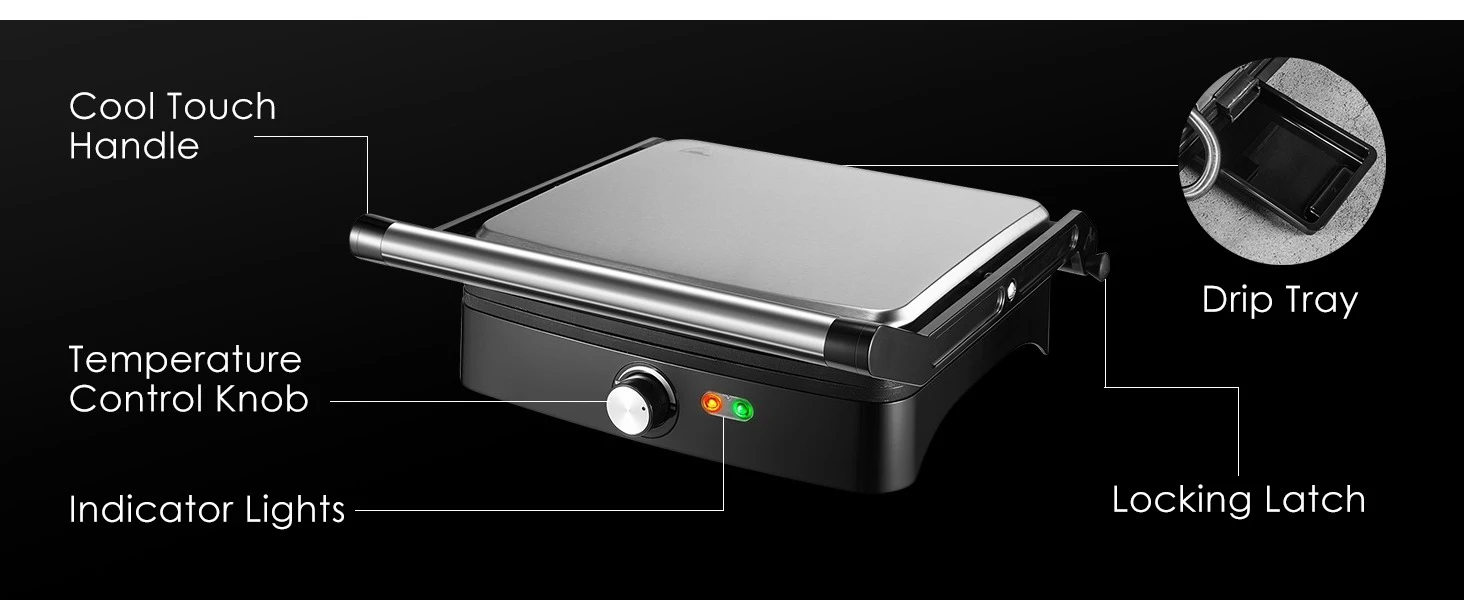 1200W Panini Press Grill with Adjustable Temperature, 4-Slice Indoor Grill, 180° Open Sandwich Maker with Drip Tray