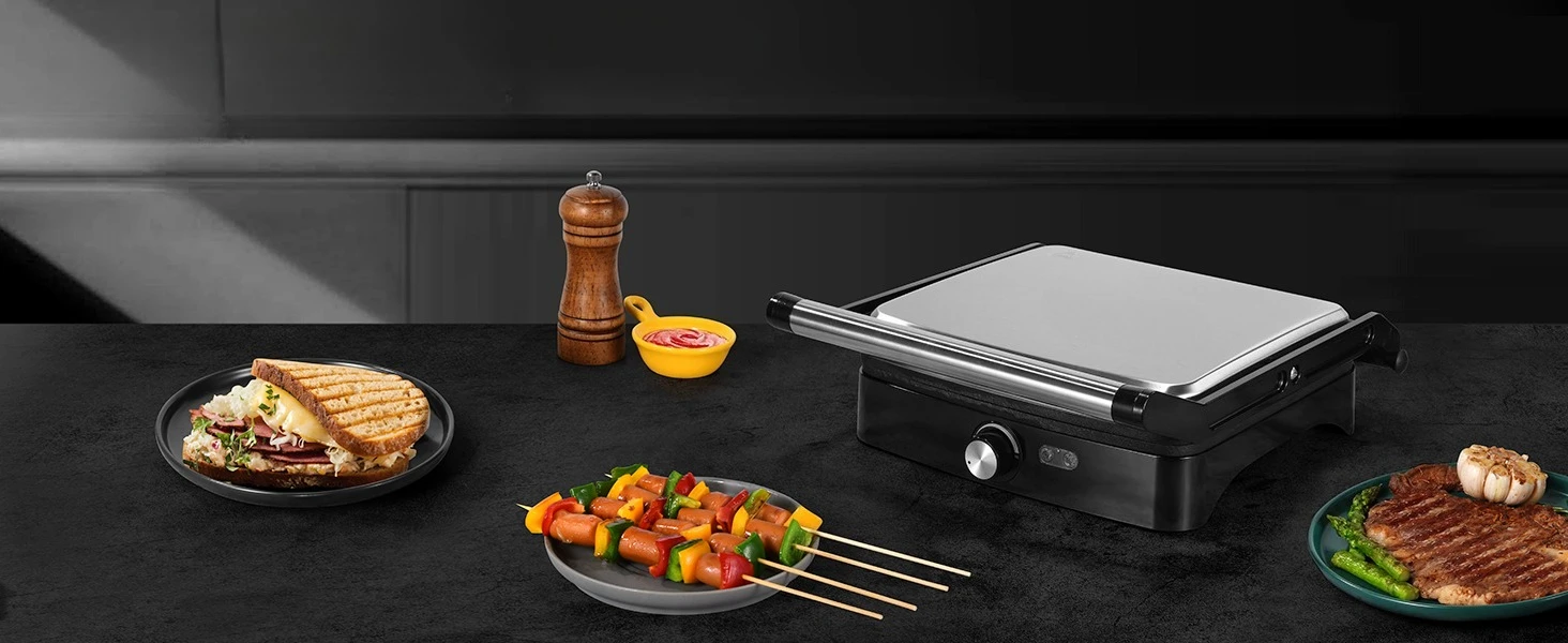 1200W Panini Press Grill with Adjustable Temperature, 4-Slice Indoor Grill, 180° Open Sandwich Maker with Drip Tray
