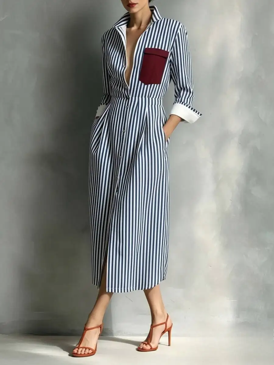 XTOCEAN Women's Striped Collared Button Front Midi Dress – Cuffed Long Sleeve Shirt Dress With Contrast Pocket For Office