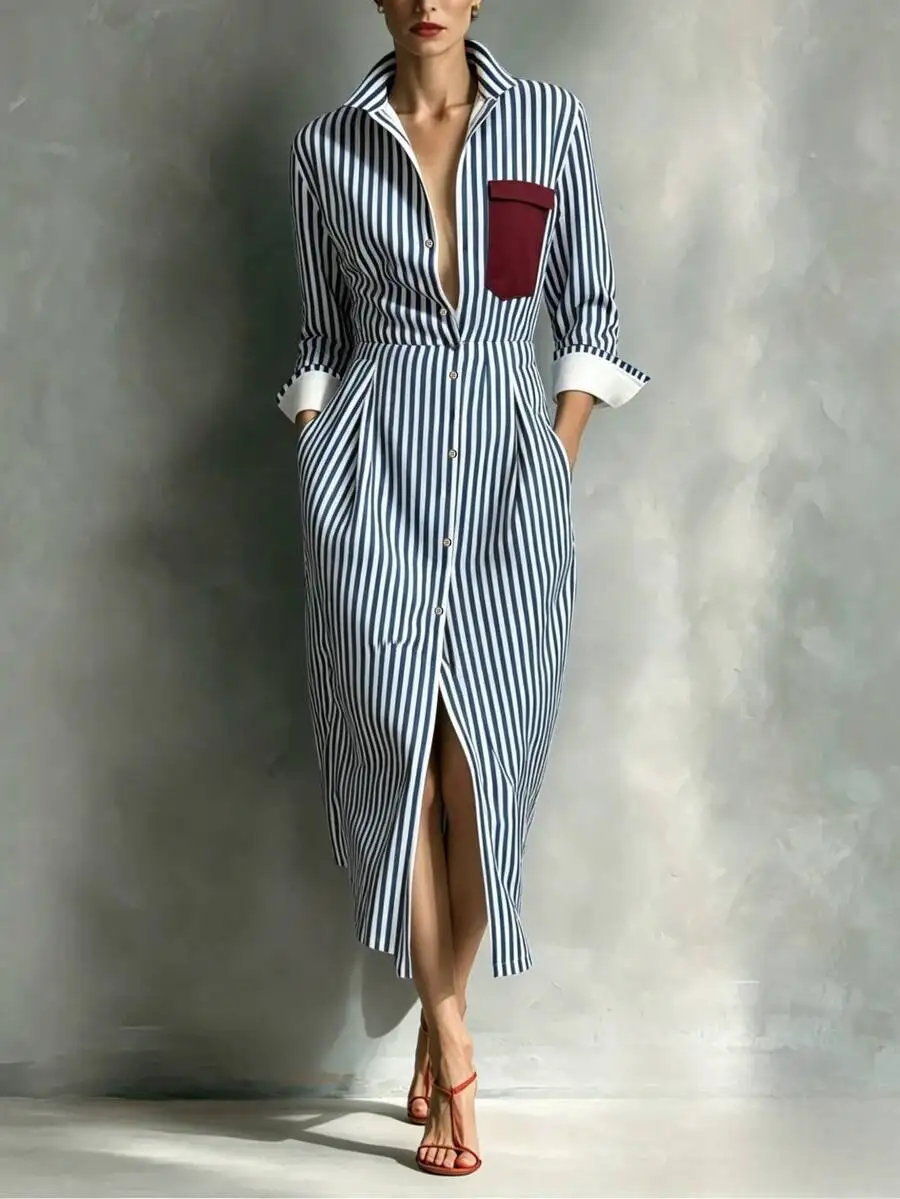 XTOCEAN Women's Striped Collared Button Front Midi Dress – Cuffed Long Sleeve Shirt Dress With Contrast Pocket For Office