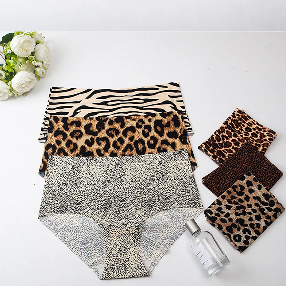 6Pcs Seamless Ice Silk Briefs Women Leopard Print Panties Females Mid Waist Comfort Underpants Girls Soft Lightweight Underwears