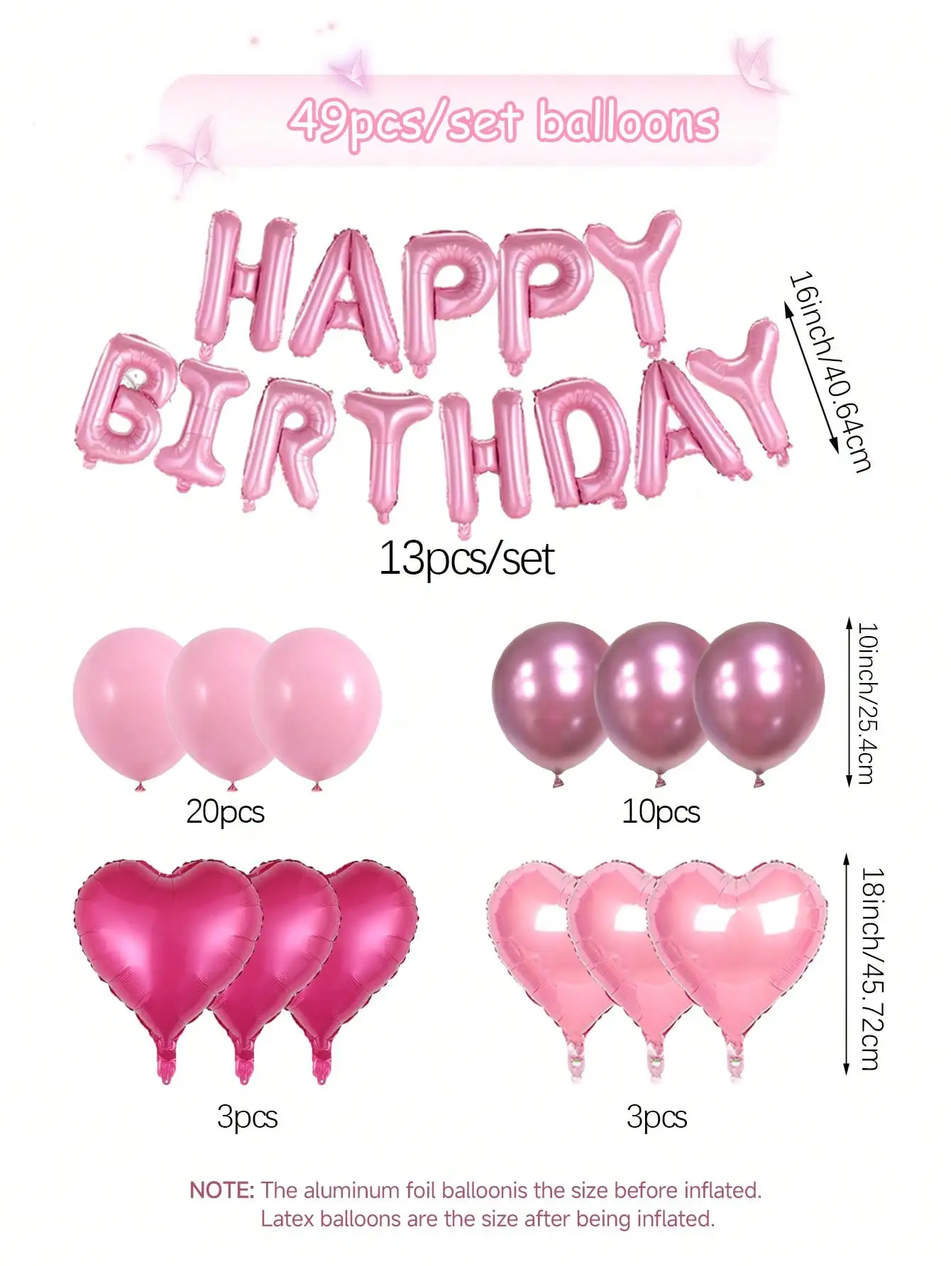 49pcs Pink Birthday Balloon Set, Includes 16 Inch Pink Birthday Decor, Heart Shaped Balloons & Metallic Pink Balloons, Suitable For Birthday Party, Baby Shower, Wedding, Bridal Shower, Photo Booth Backdrop, Anniversary, Home Decoration