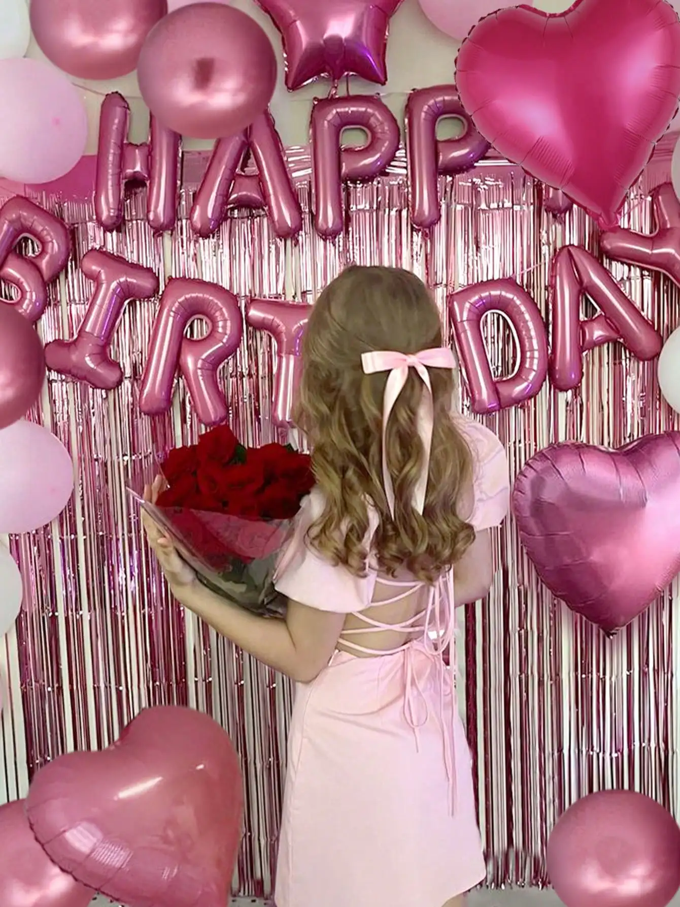 49pcs Pink Birthday Balloon Set, Includes 16 Inch Pink Birthday Decor, Heart Shaped Balloons & Metallic Pink Balloons, Suitable For Birthday Party, Baby Shower, Wedding, Bridal Shower, Photo Booth Backdrop, Anniversary, Home Decoration