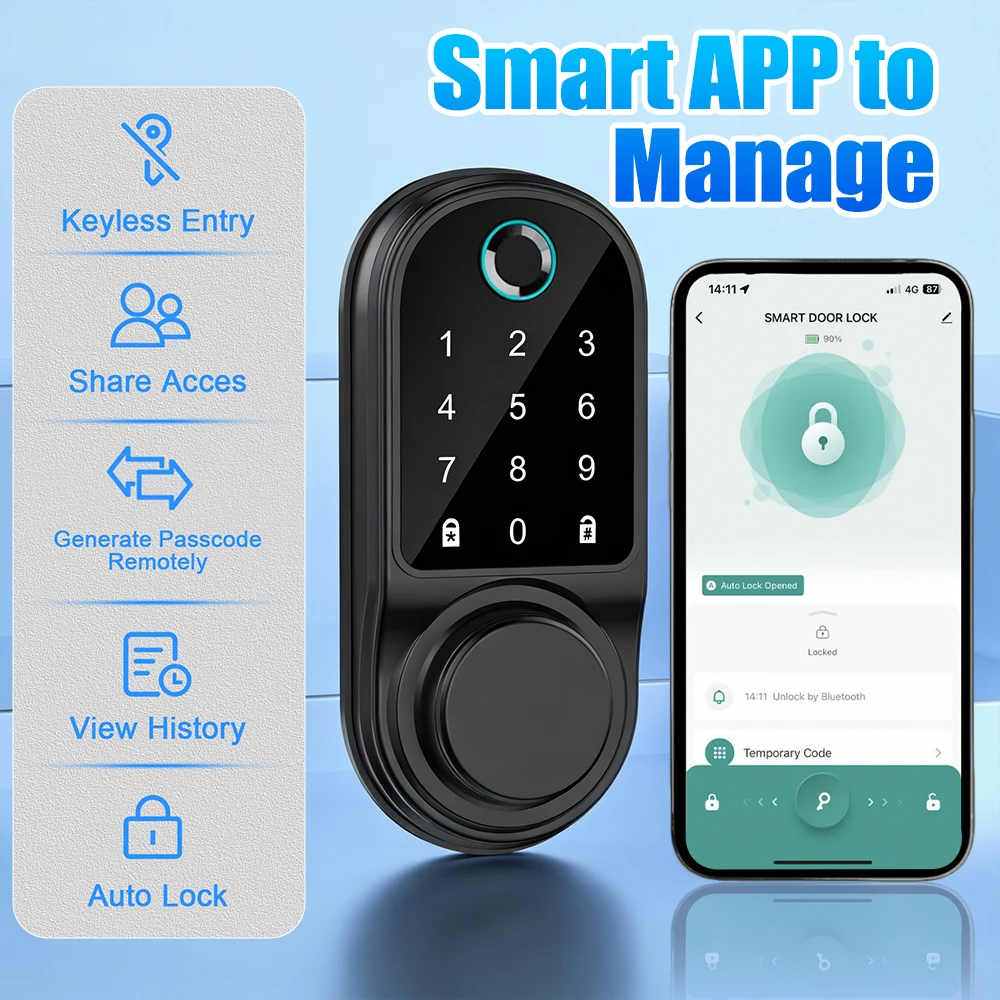 Bluetooth Smart Deadbolt Lock Keyless Entry Fingerprint Door Lock with Touch Keypad IC Card Physical Key APP Remote Temporary Code Auto Lock for Front Door Home Apartment Rental
