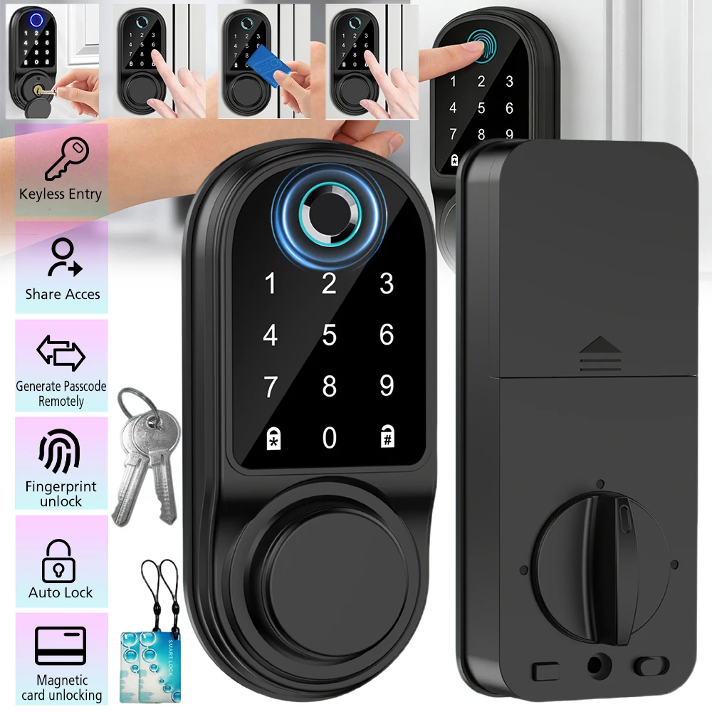 Bluetooth Smart Deadbolt Lock Keyless Entry Fingerprint Door Lock with Touch Keypad IC Card Physical Key APP Remote Temporary Code Auto Lock for Front Door Home Apartment Rental